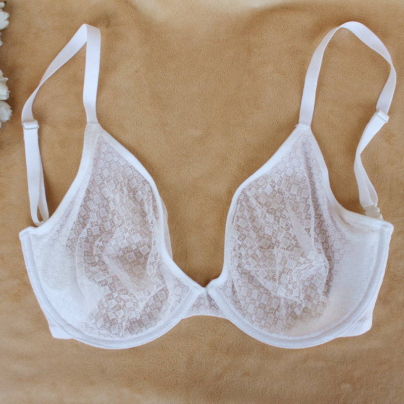 法式轻薄交叉透明乳头网纱罩杯大胸显小超薄文胸