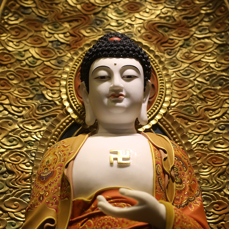 菩萨天然汉白玉古彩西方三圣阿弥陀佛观音大势佛像摆件