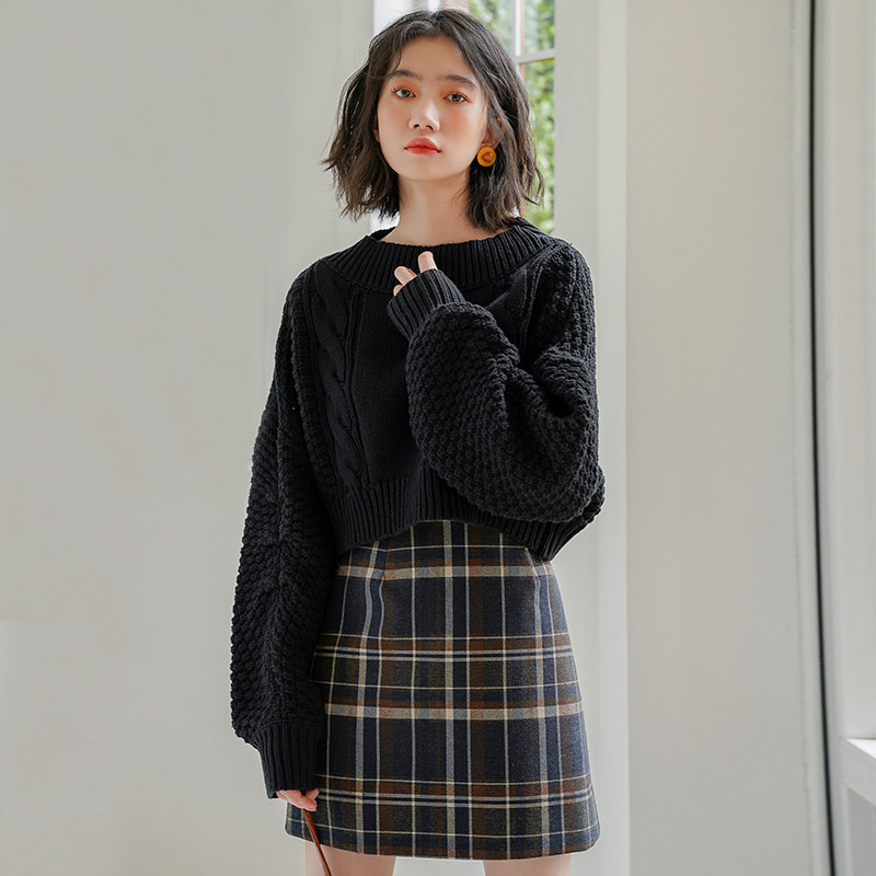 2019秋冬新款高腰复古百搭毛呢格子半身裙女半身裙