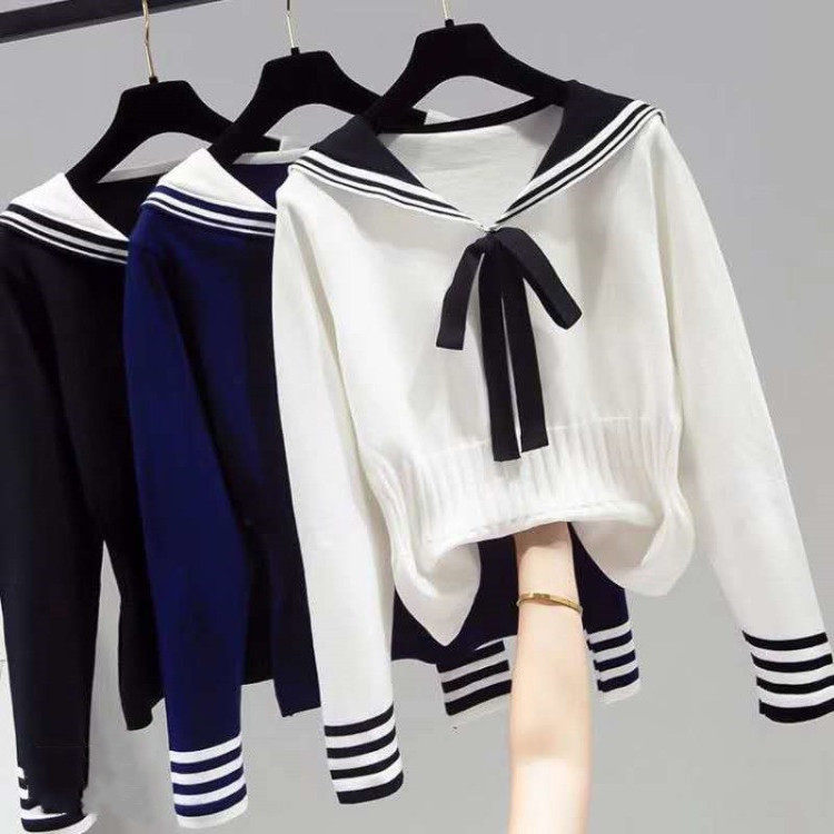 2021年白毛衣上衣学院毛衣女士新款衫外打底海军毛针织衫