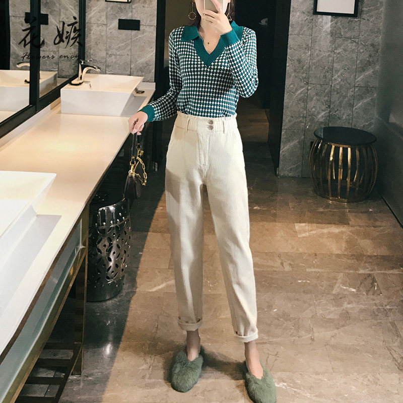 灯芯绒裤子女秋冬2019新款高腰米色条绒裤宽松直筒老爹萝卜哈伦裤