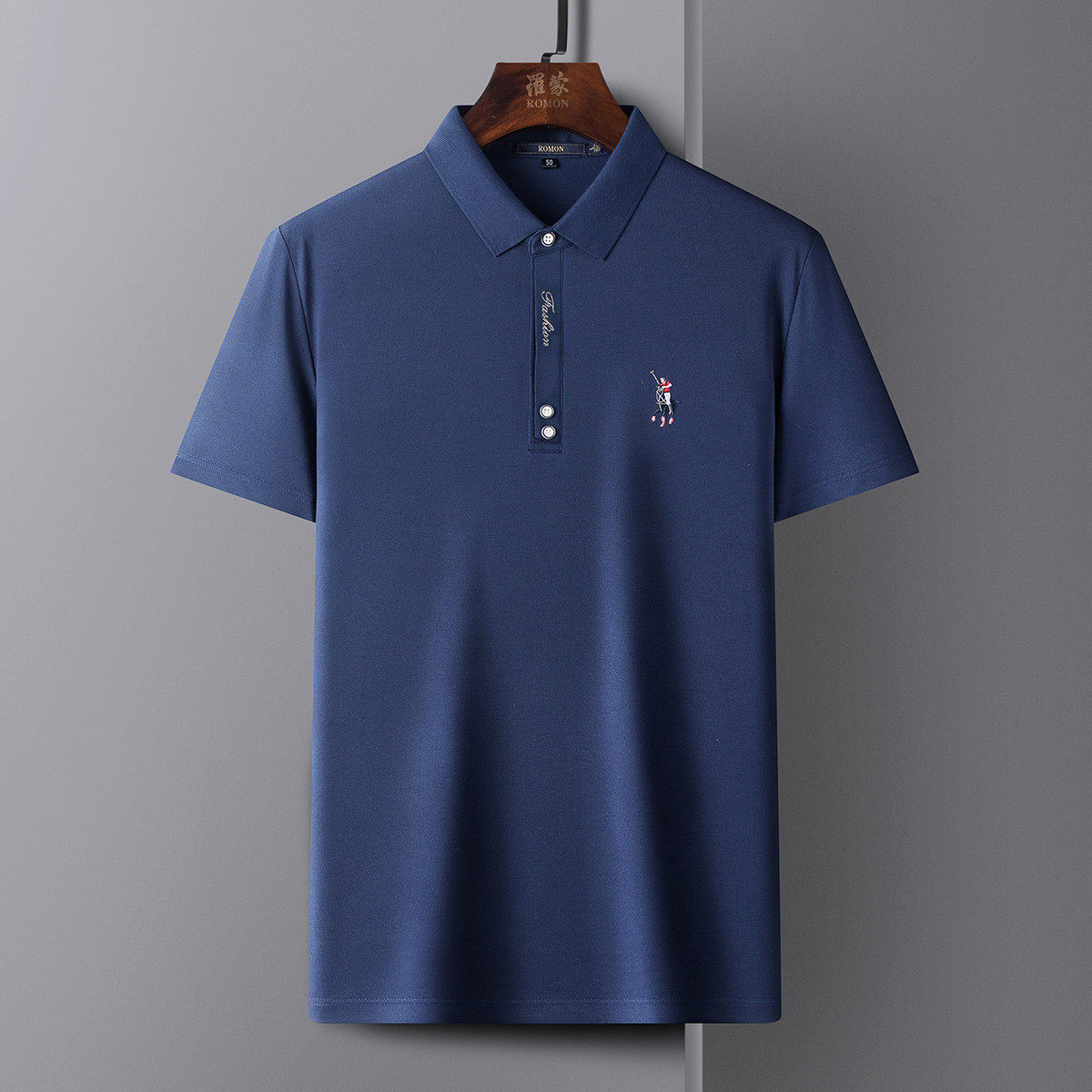 罗蒙休闲polo短袖半袖棉弹绣花翻领纯色商务polo衫