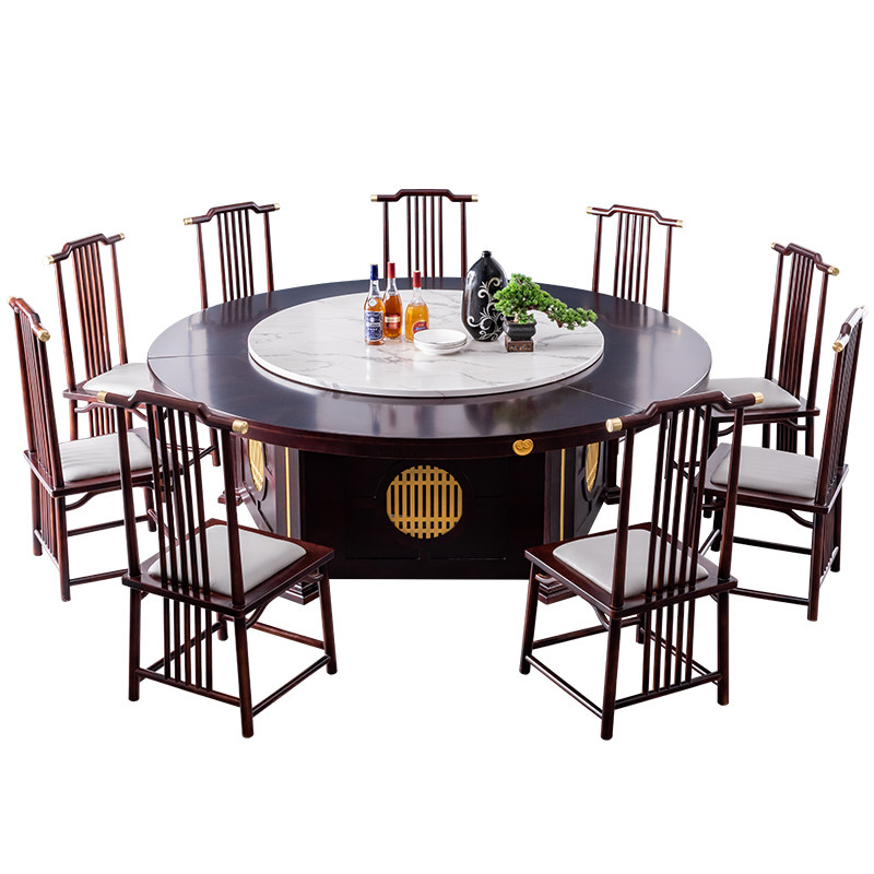 实木酒店电动新中式大圆桌饭店包厢圆形饭桌宴会桌组合30人带转盘