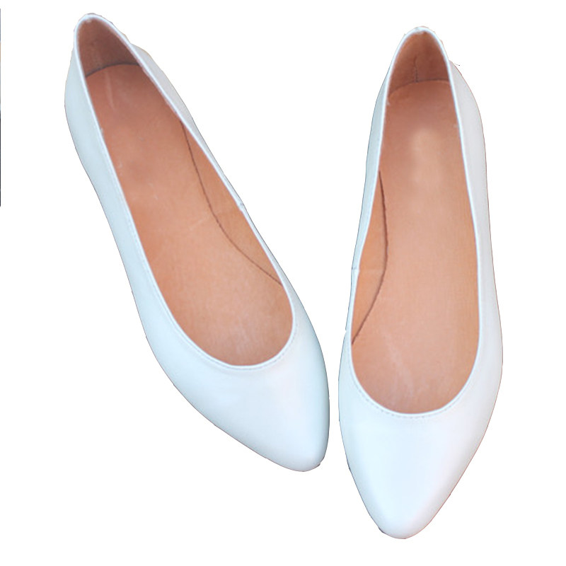 新款韩版超软牛皮尖头浅口平底单鞋时尚舒适真皮女鞋白色大码船鞋