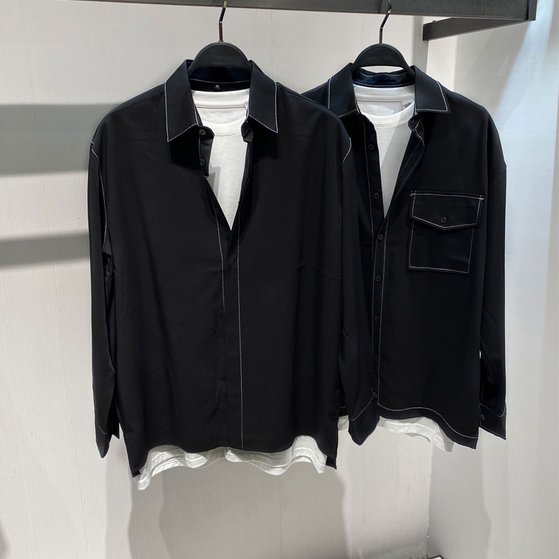 鸟家春秋男装时尚休闲宽松百搭痞帅丝绸长袖衬衫绅士文雅衬衣外套