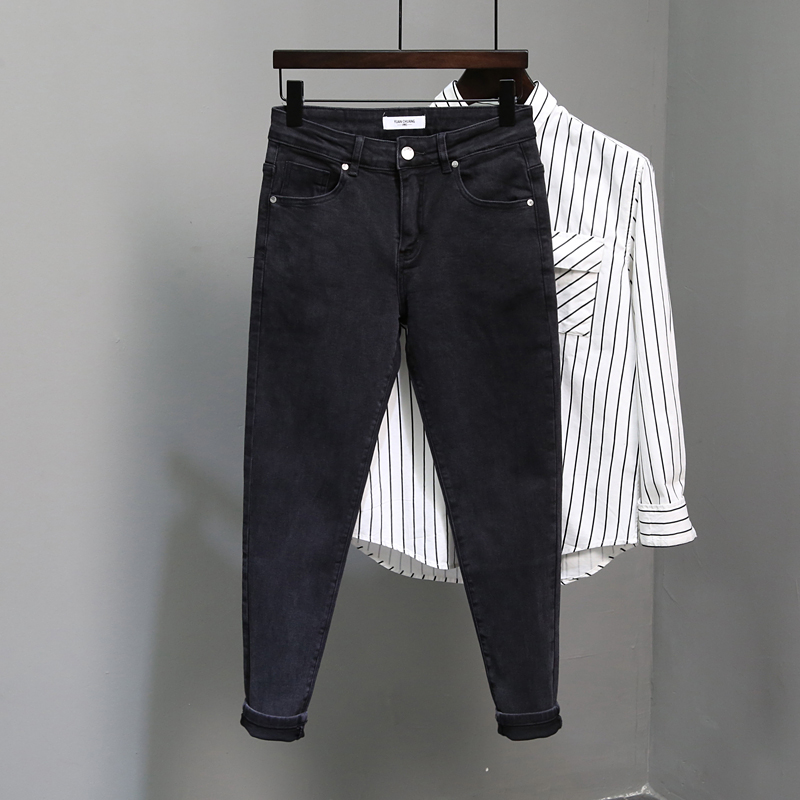 牛仔裤男士春秋季潮流2022年新款黑色弹力小脚裤潮牌修身九分裤子