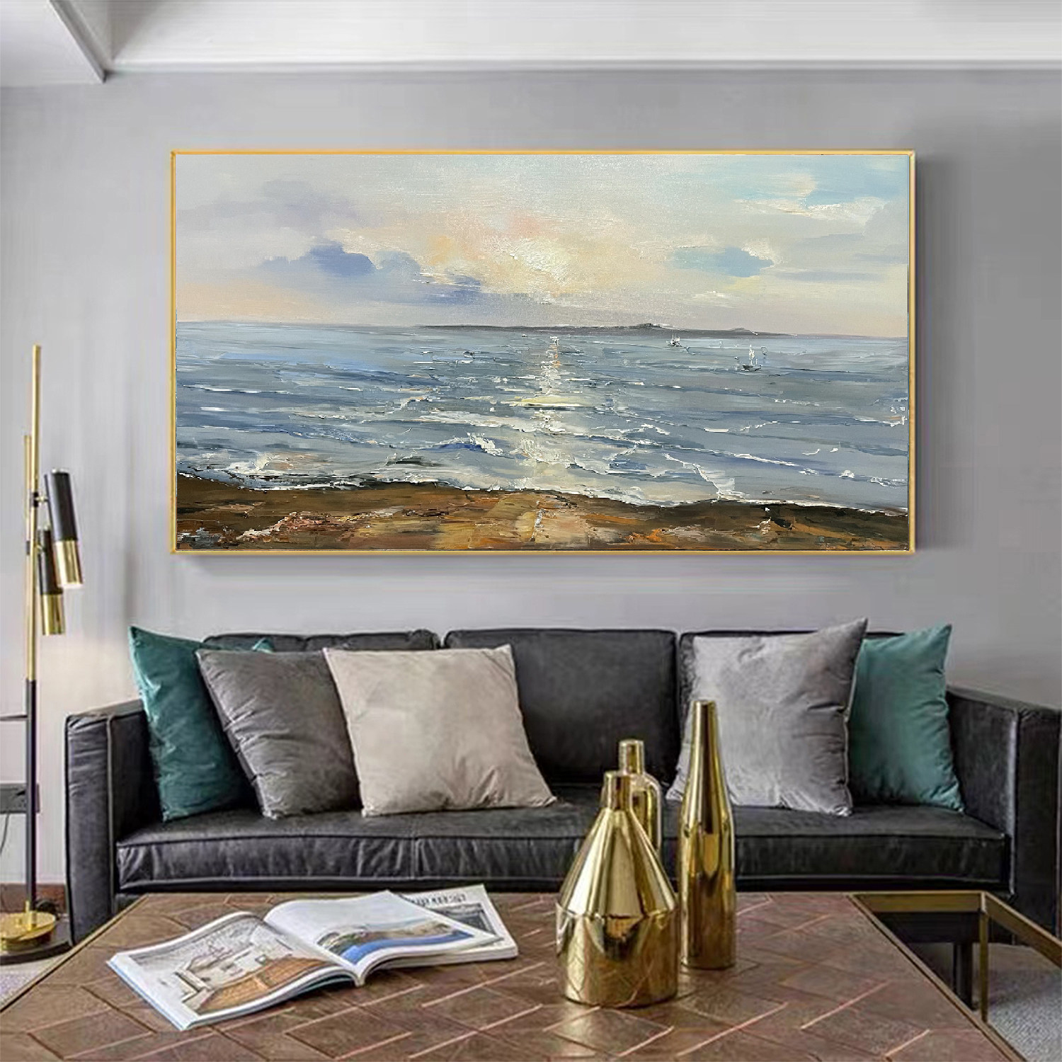 手绘绘蓝海景日出蒸蒸日上油画高端客厅墙横版简约油画