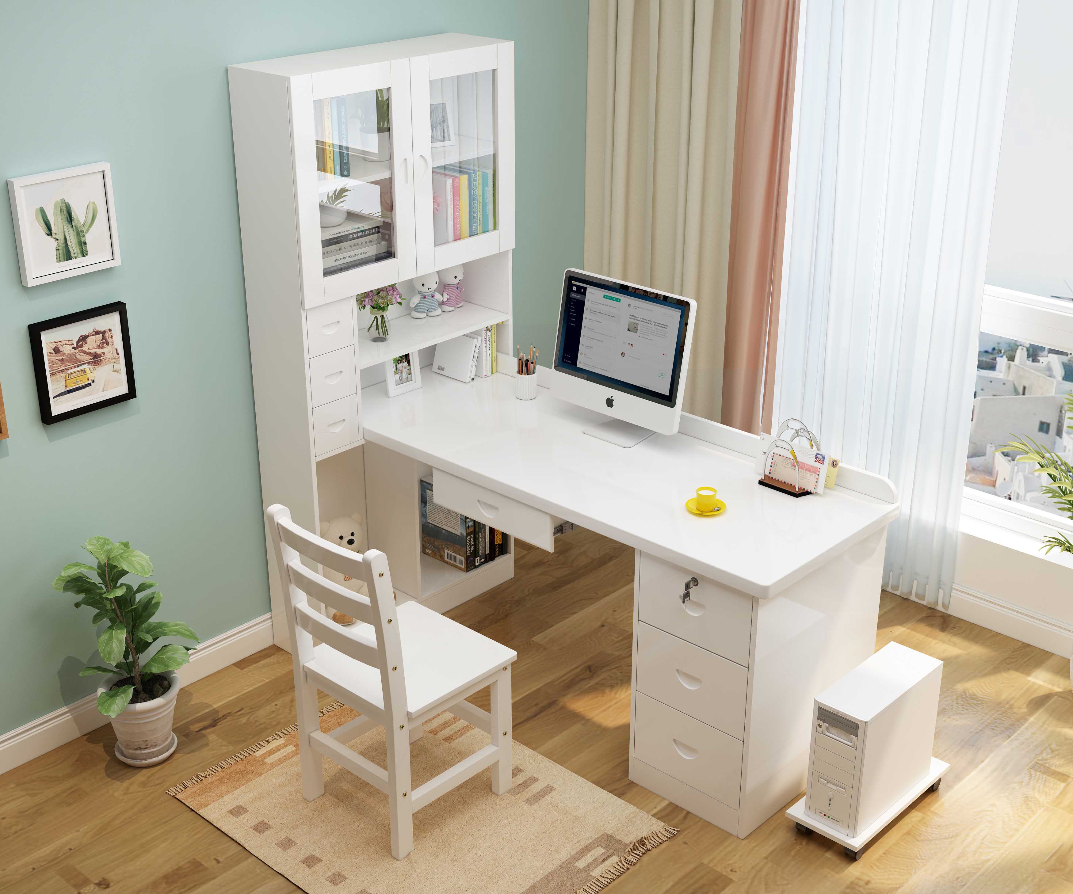 实木白色书桌书架组合简约松木电脑桌家用写字台学生书柜书桌一体