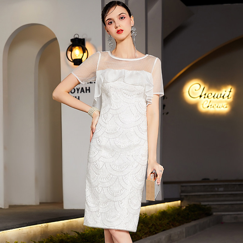 夏季高级质感白色刺绣网纱礼服裙女晚宴聚会礼服