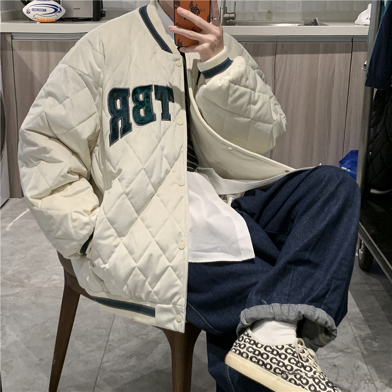 秋冬季立领棉衣男士潮牌菱形格加厚面包棉服BF港风宽松棒球服外套