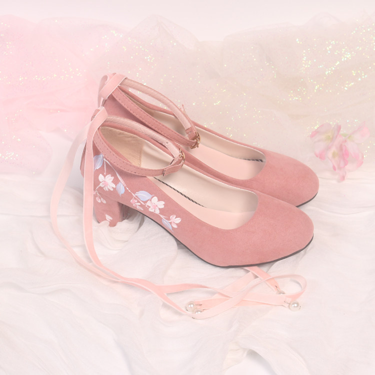 凝故原创设计手绘古风高跟鞋一字带扣绑带汉服高帮鞋