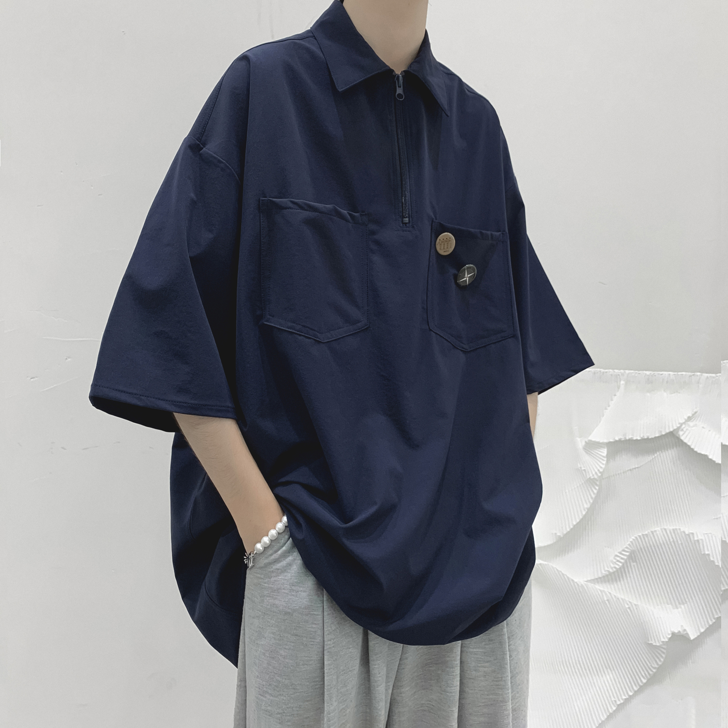 日系复古原宿短袖t恤男夏季潮牌冰感国潮宽松POLO衫美式街头休闲