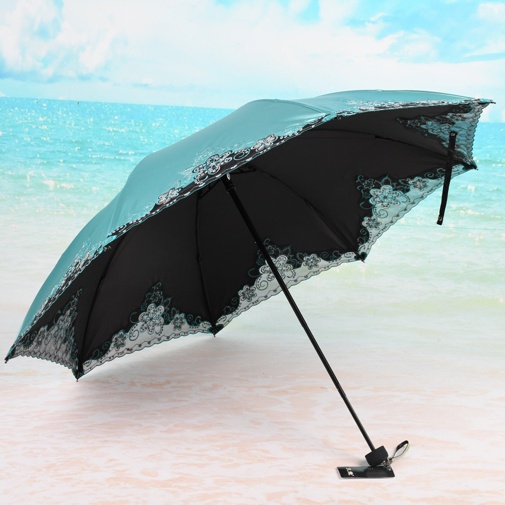 天堂伞太阳伞防晒防紫外线遮阳伞女士三折叠晴雨伞两用黑胶绣花伞