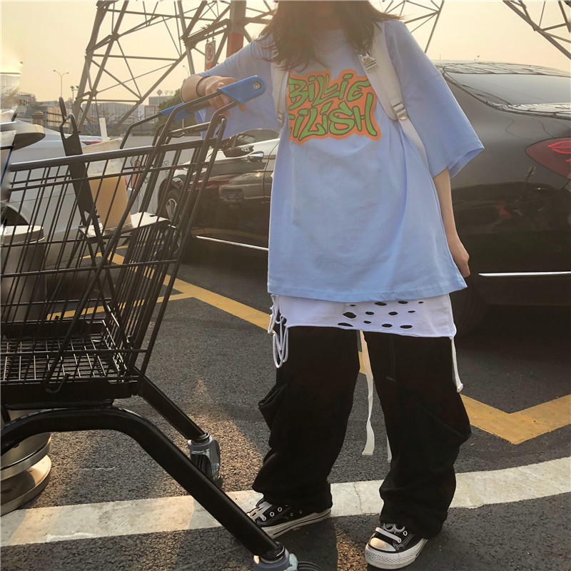 小众甜酷上衣潮ins短袖男欧美嘻哈碧梨嘻哈女天蓝色2021vibe风t恤