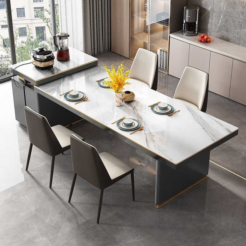 轻奢岩板餐桌高端现代亮光餐桌椅组合白色简约大理石餐岛台一体桌