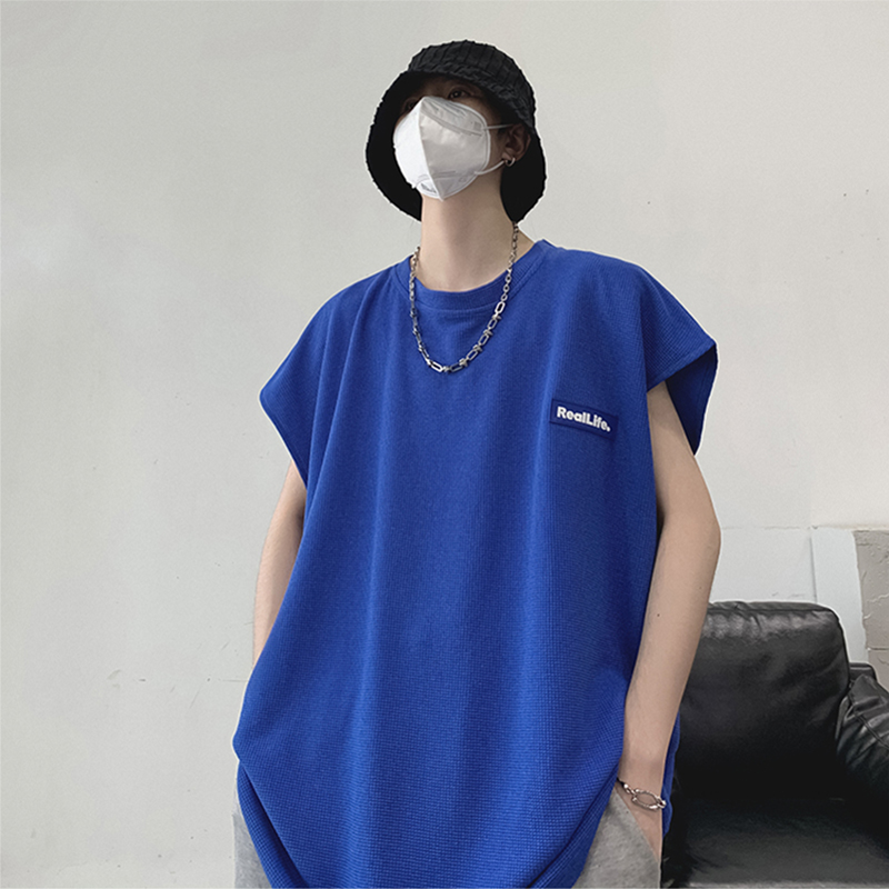 克莱因蓝背心高街男华夫格美式无袖T恤坎肩汗衫oversize短袖夏季