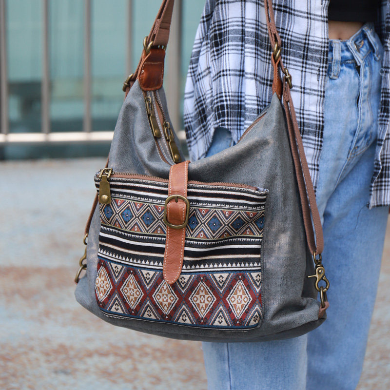 新款牛仔大包时尚百搭大容量斜挎洋气单肩包帆布复古印花双肩包女