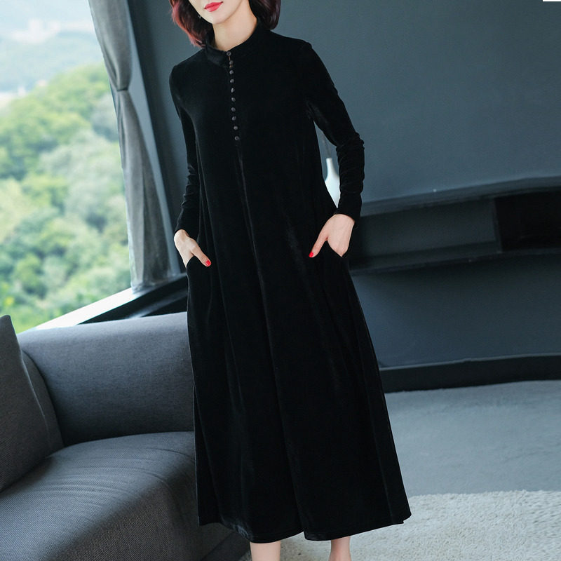 金丝绒连衣裙2020秋款女气质贵夫人高端洋气长款过膝大码女装