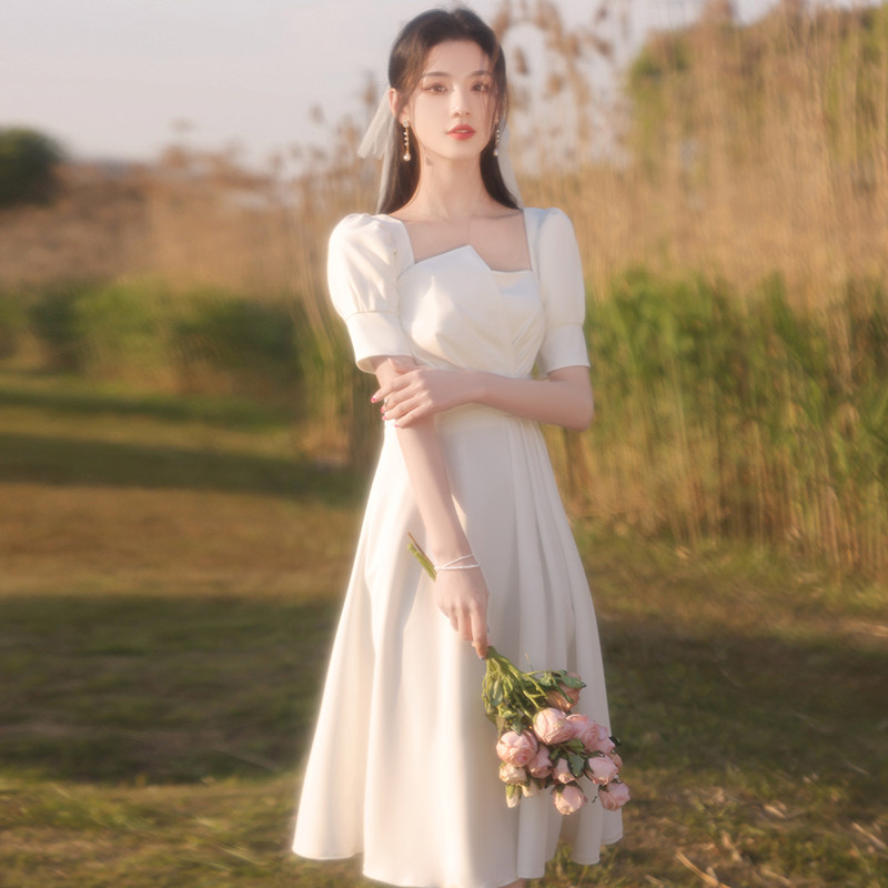 白色晚礼服夏季平时可穿宴会名媛气质法式领证礼服
