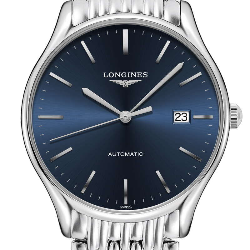 瑞士名表浪琴律雅系列钢带机械蓝盘日历男表瑞士腕表