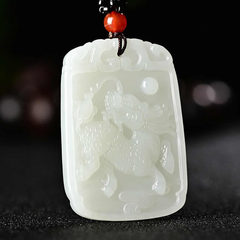 和田玉白玉麒麟吊坠男女天然玉石瑞兽文玩玉器吉祥物玉坠挂件玉佩