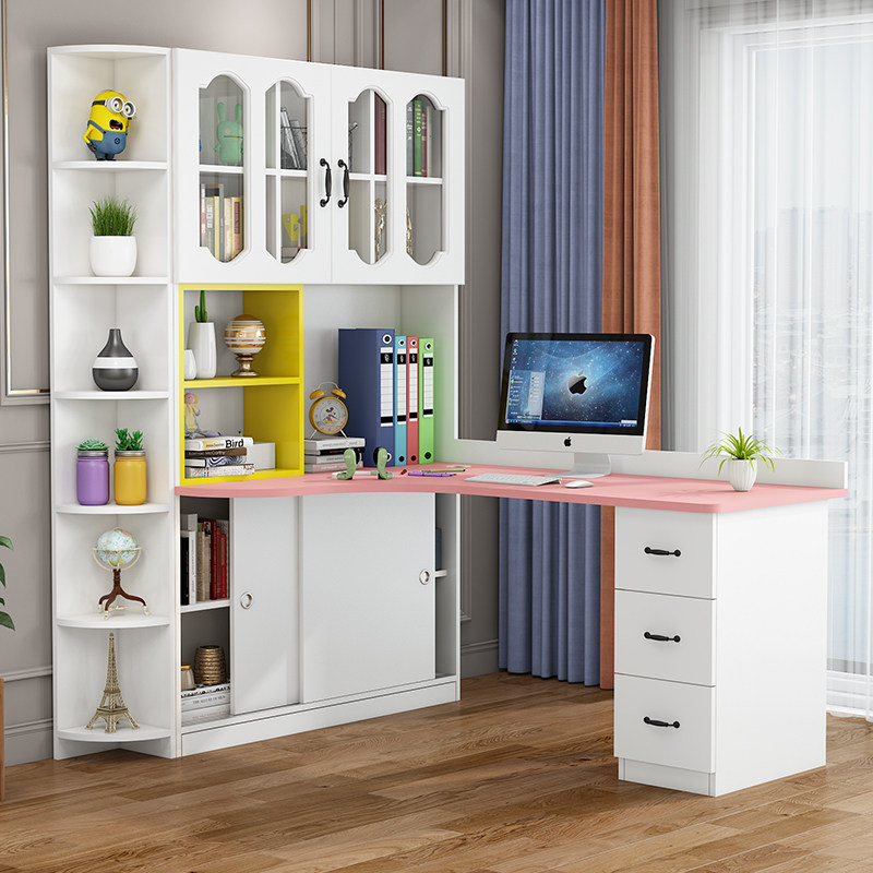 转角实木书桌书架组合角落电脑桌书柜一体家用电脑桌