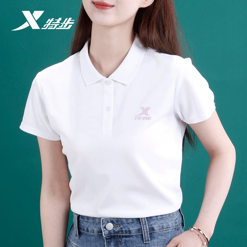 特步短袖恤女2022新款夏季透气白色半袖休闲运动polo衫