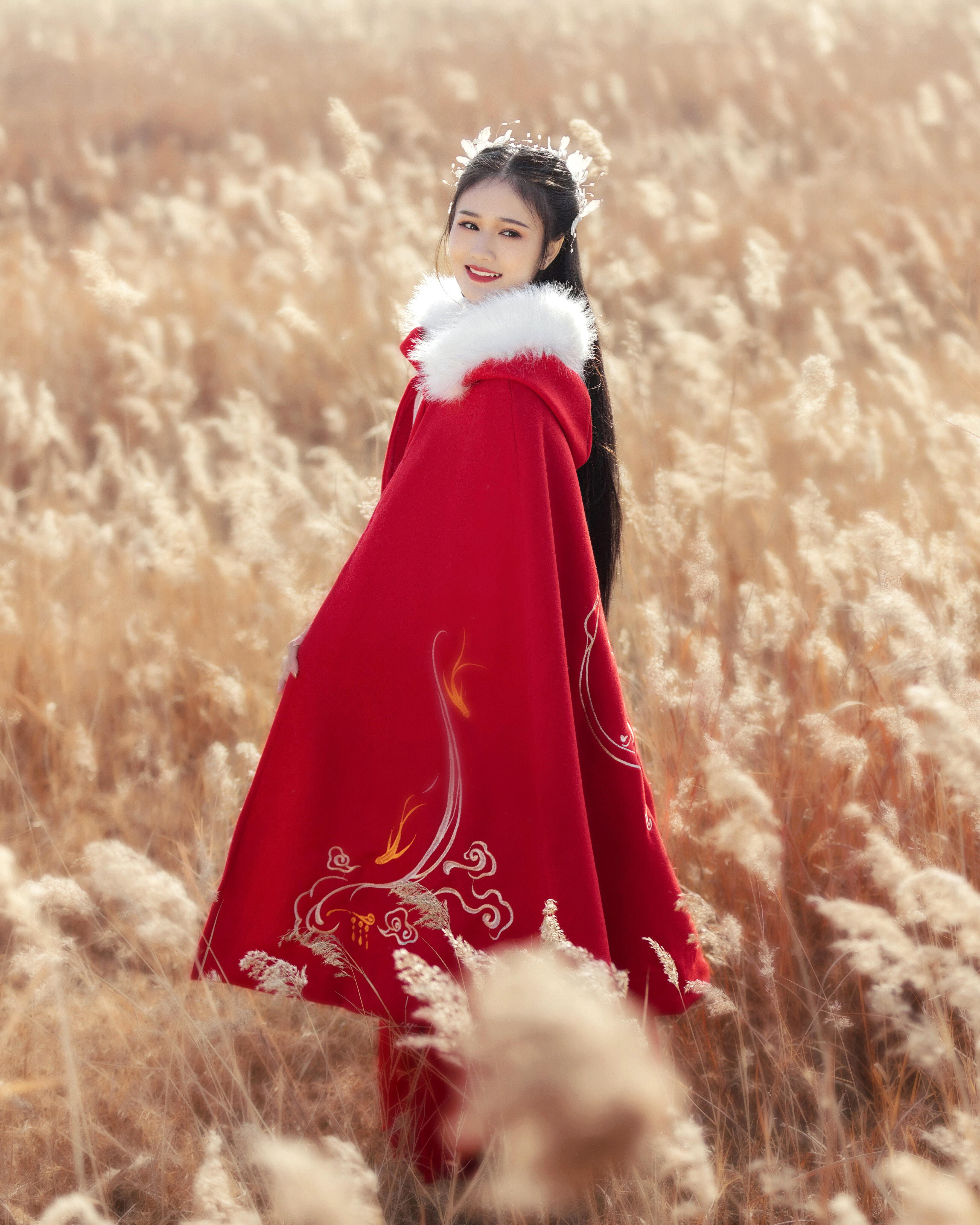 冬款中长连帽保暖加厚加绒斗篷鲤跃刺绣汉服民族服装