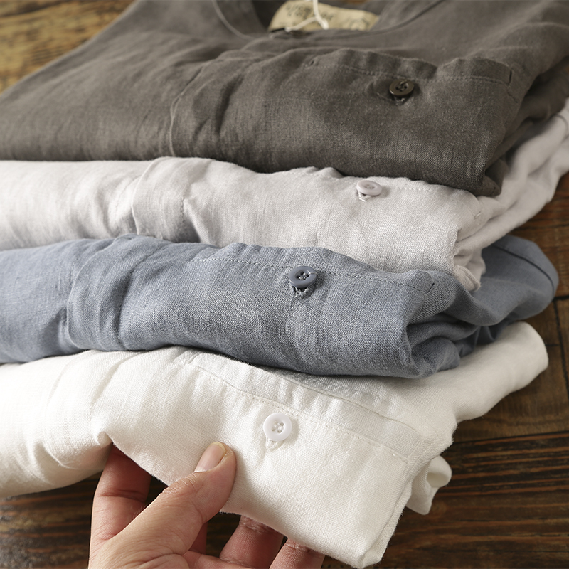 线下499+ 少量!100%亚麻夏季新款外贸男士长袖衬衣休闲透气衬衫潮