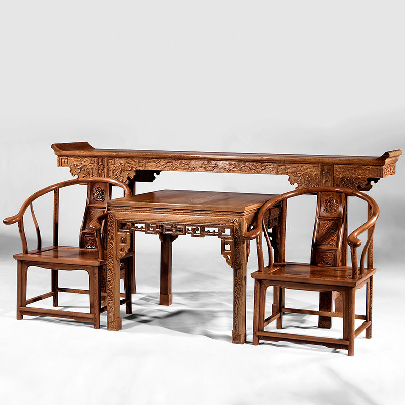 聚航红木家具鸡翅实木仿古中式条案供桌八仙桌太师椅条案