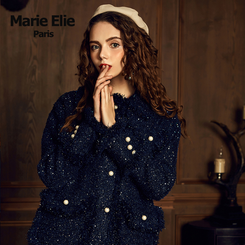 marie elie秋冬经典款宽松中长款星空花呢外套秋冬女e2733g05369