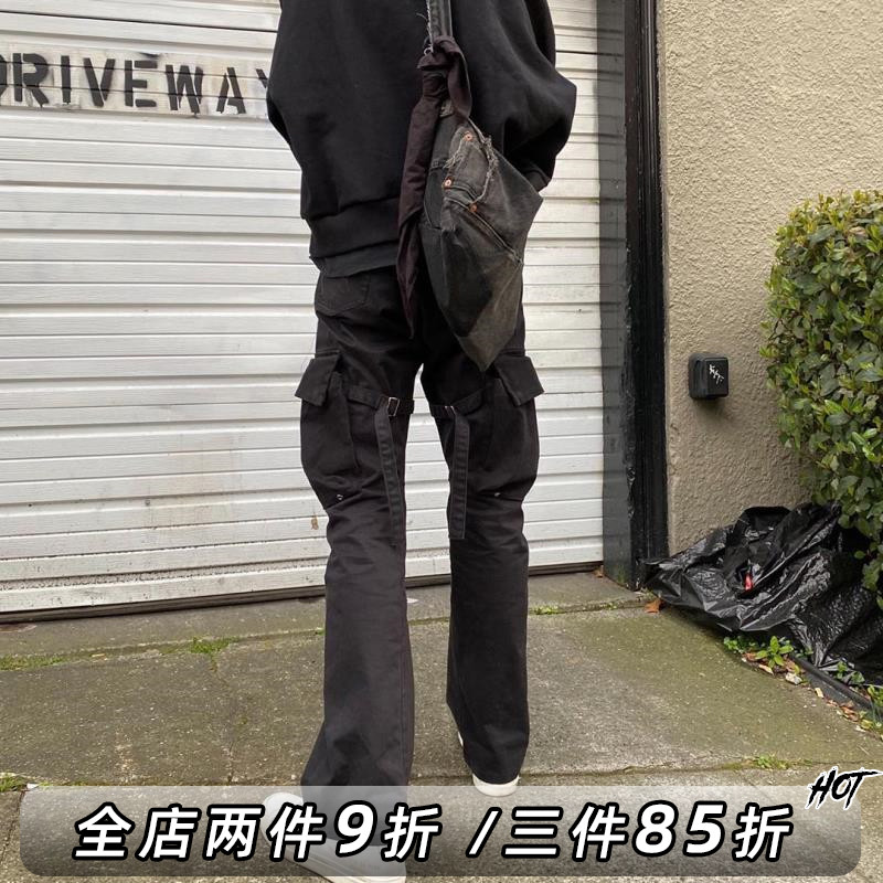 vujade高街伐木裤子男女美式街头vibe微喇叭裤黑色绑带机能工装裤
