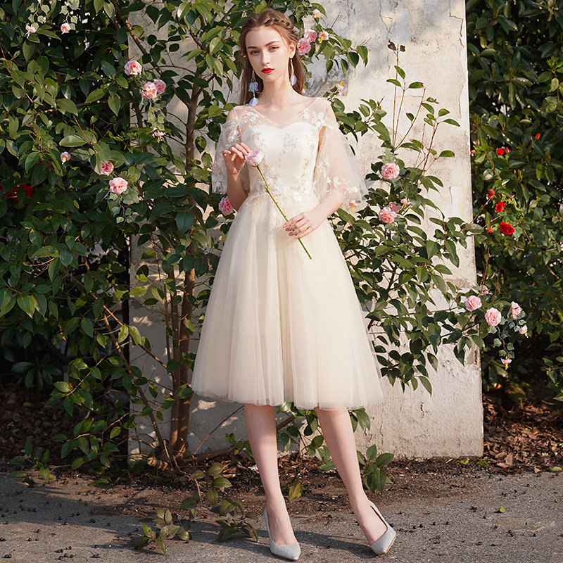 伴娘服仙气质香槟色2020新款夏季显瘦遮手臂姐妹团礼服裙女中长款