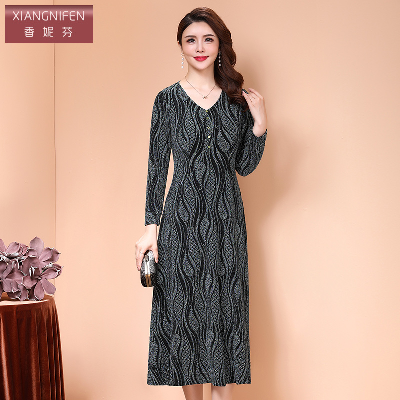 香妮芬贵夫人连衣裙高端洋气春秋2021新弹力金线高贵中年高档裙子