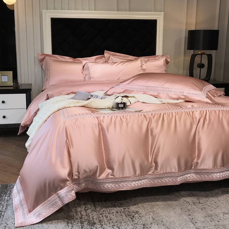 简约轻奢风120支贡缎丝光棉四件套全棉奢华刺绣欧式纯色被套18床