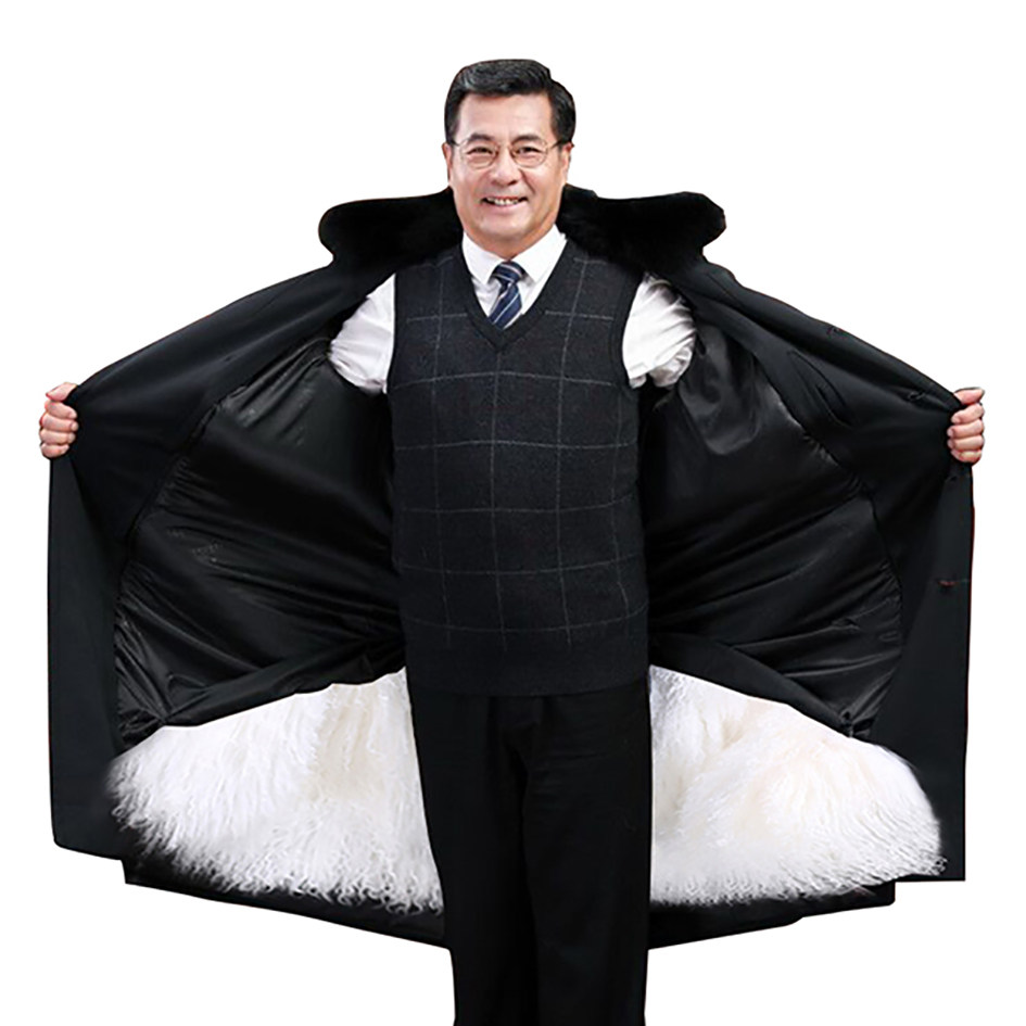 中老年滩羊二毛毛皮双排加厚加长过膝膝盖大衣皮衣