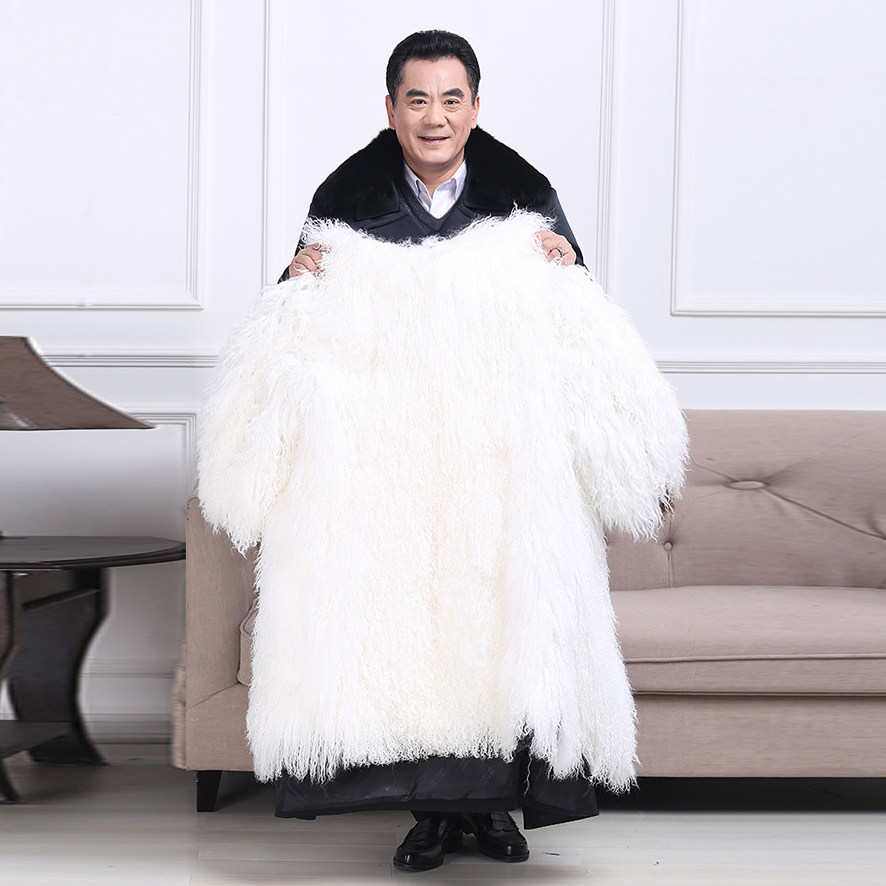 中老年滩羊二毛毛皮双排加厚加长过膝膝盖大衣皮衣