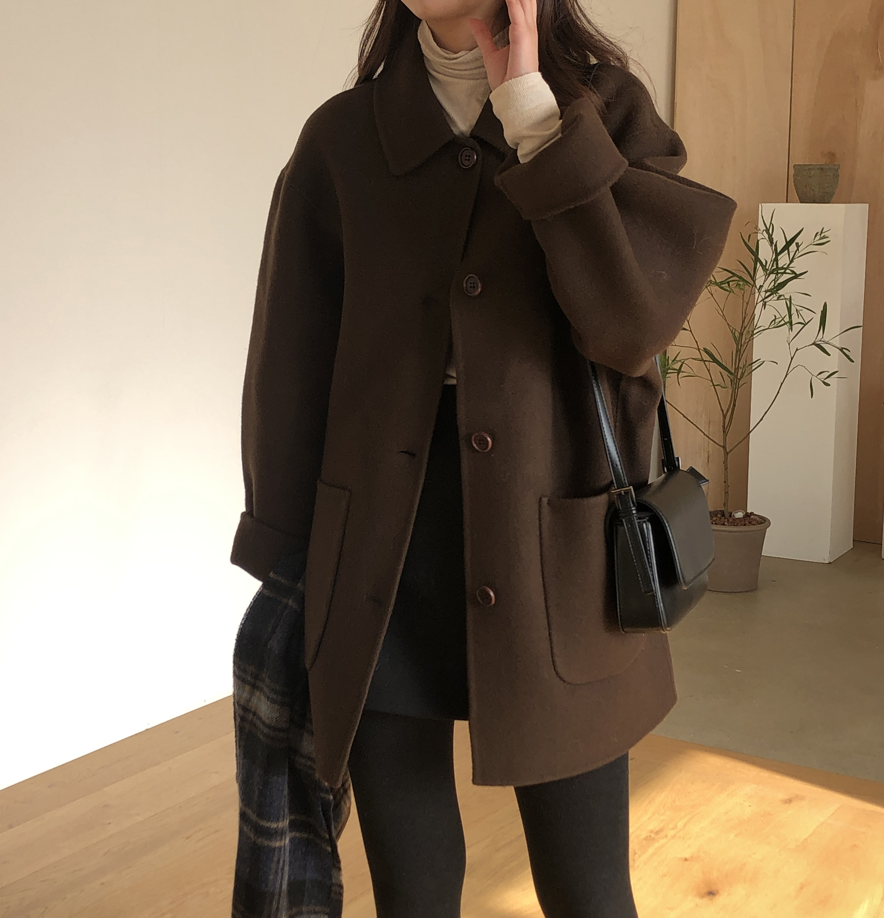 大衣外套毛呢高端中长女中羊绒贝克双面咖色毛呢外套