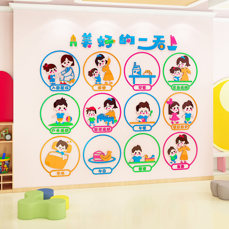 幼儿园的一天主题墙环创墙贴一日生活流程图班级布置教室文化墙纸