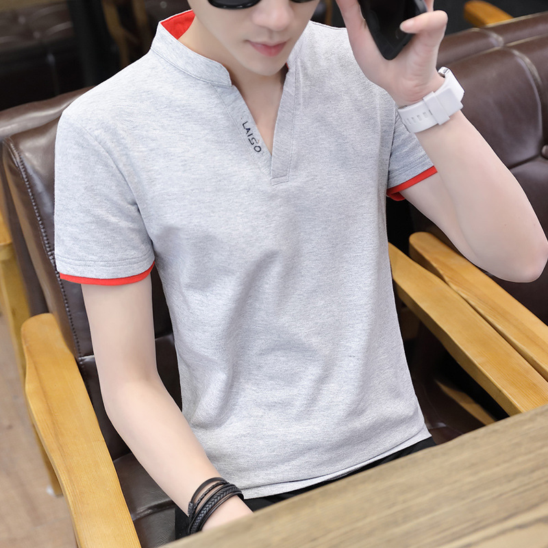 2022夏季男士短袖t恤潮流大码立领polo衫v领半袖体恤打底衫男衣服