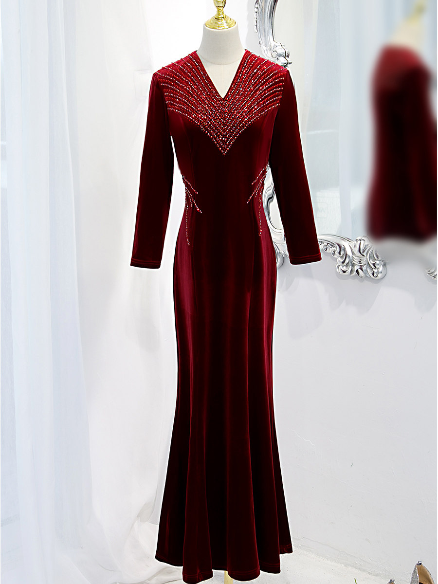 喜婆婆婚宴敬酒高贵婚礼妈妈礼服金丝绒连衣裙洋气旗袍