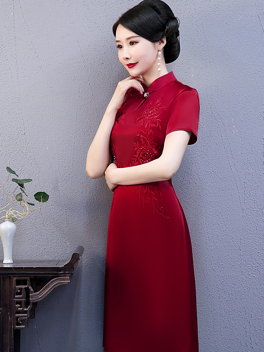 年轻婆婆喜服夏季高端刺绣醋酸红色旗袍连衣裙中老年女装