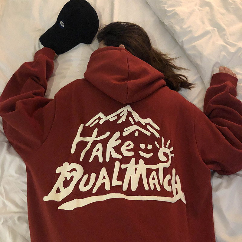 壹特秋冬酒红色美式复古宽松BF慵懒风OVERSIZE加绒加厚连帽卫衣女