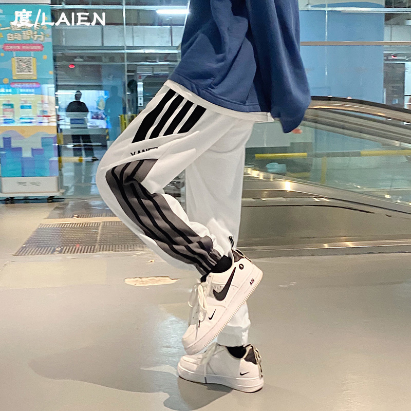hiphop高街裤子男春秋三道杠条纹束脚休闲长裤oversize白色运动裤