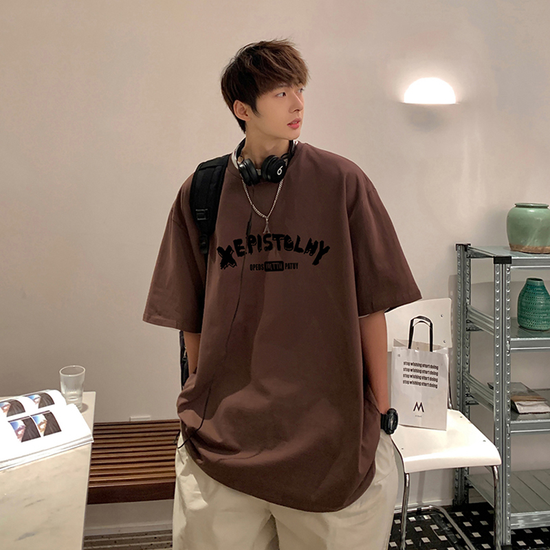 古着棕咖色短袖t恤男ins潮牌夏季美式复古重磅七分袖学院风情侣装