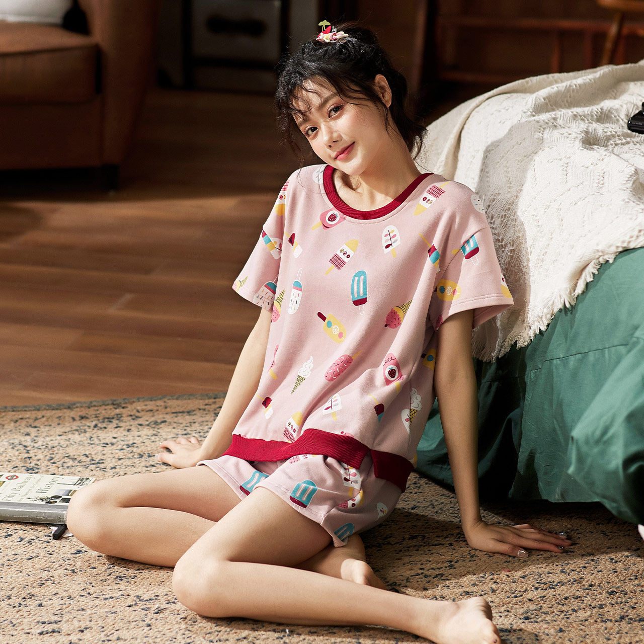 多拉美睡衣女士夏季纯棉短袖短裤甜美可爱圆领睡衣