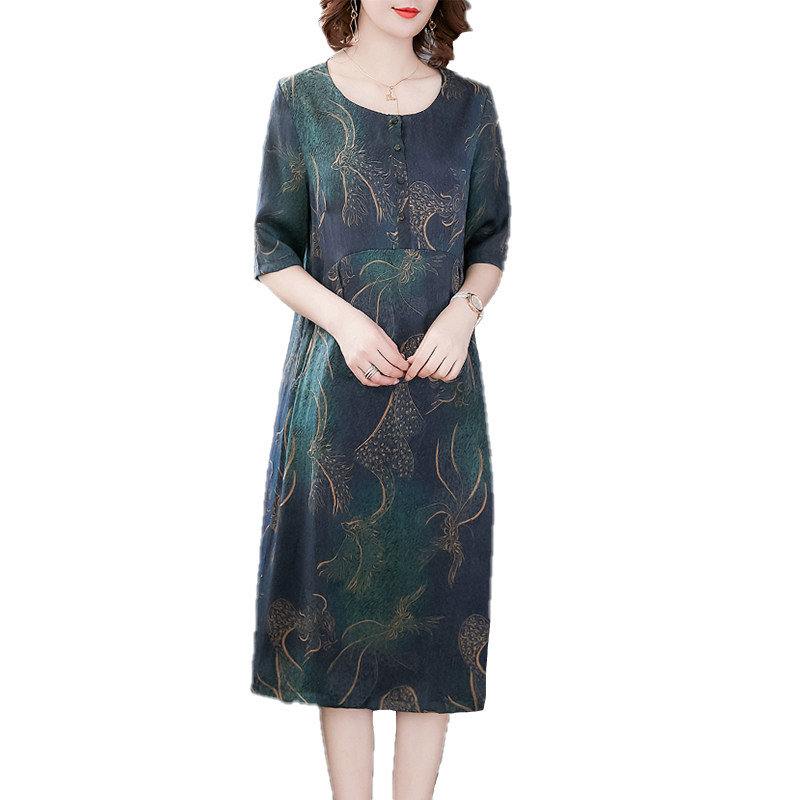 贵夫人真丝连衣裙女莨绸大码宽松中年气质妈妈洋气高贵桑蚕丝裙子