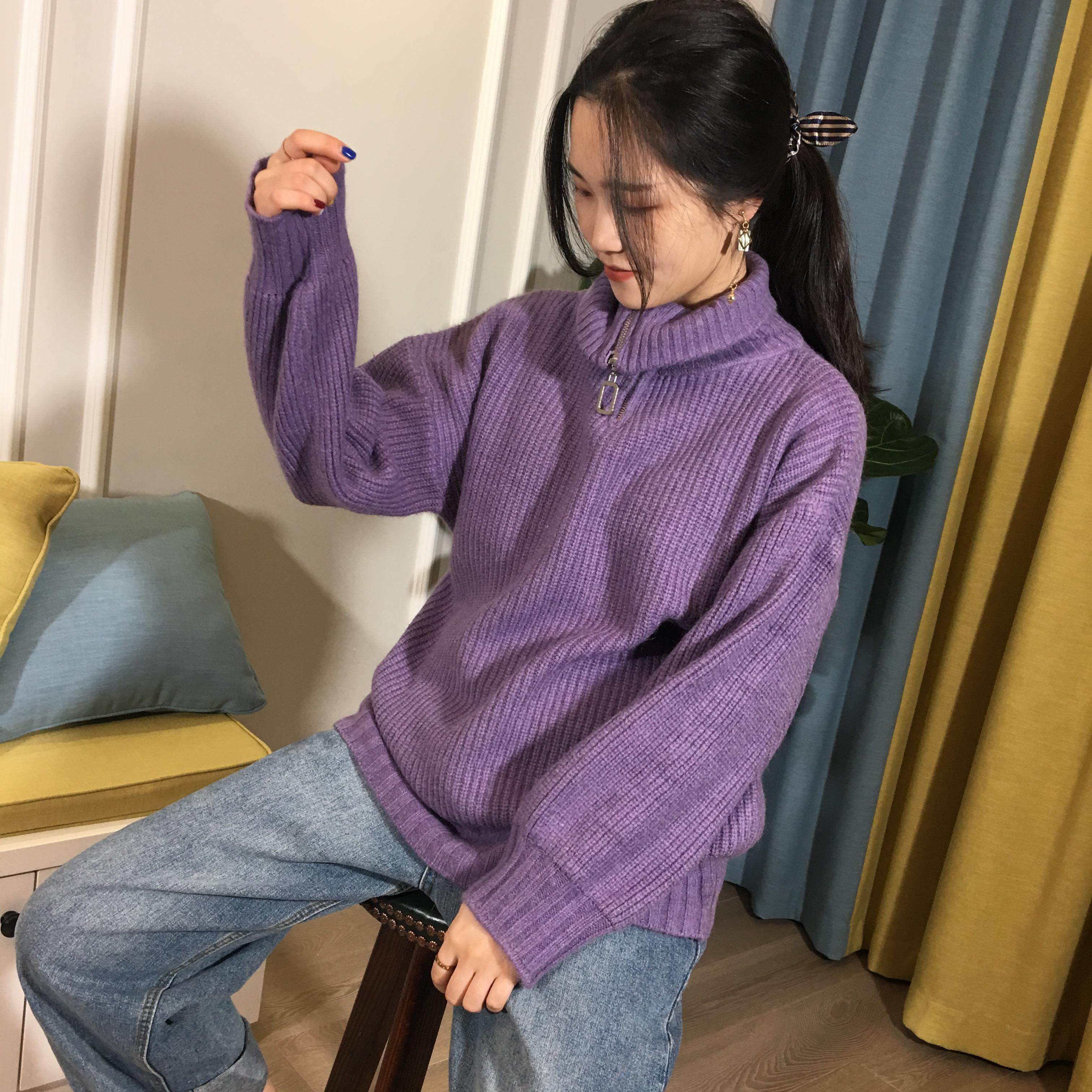 韩版网红拉链高领毛衣女冬新款纯色百搭宽松保暖粗线针织上衣学生