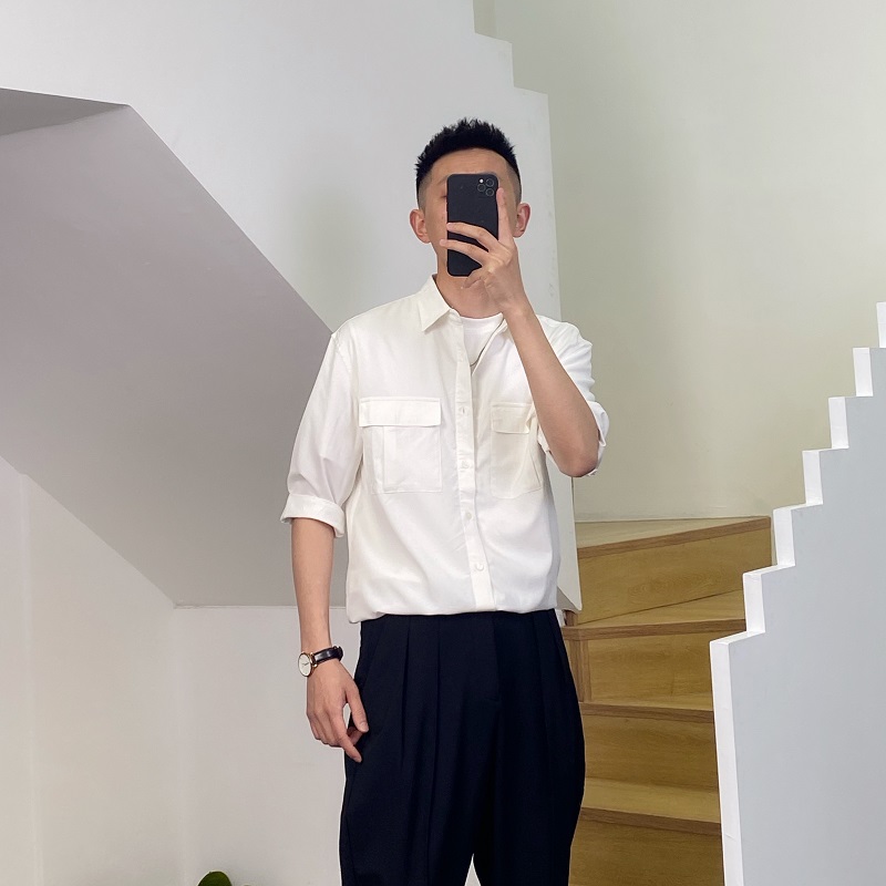 夏季男士垂感免烫翻领衬衫高级感纯色上衣潮流韩版短袖衬衣舒适帅