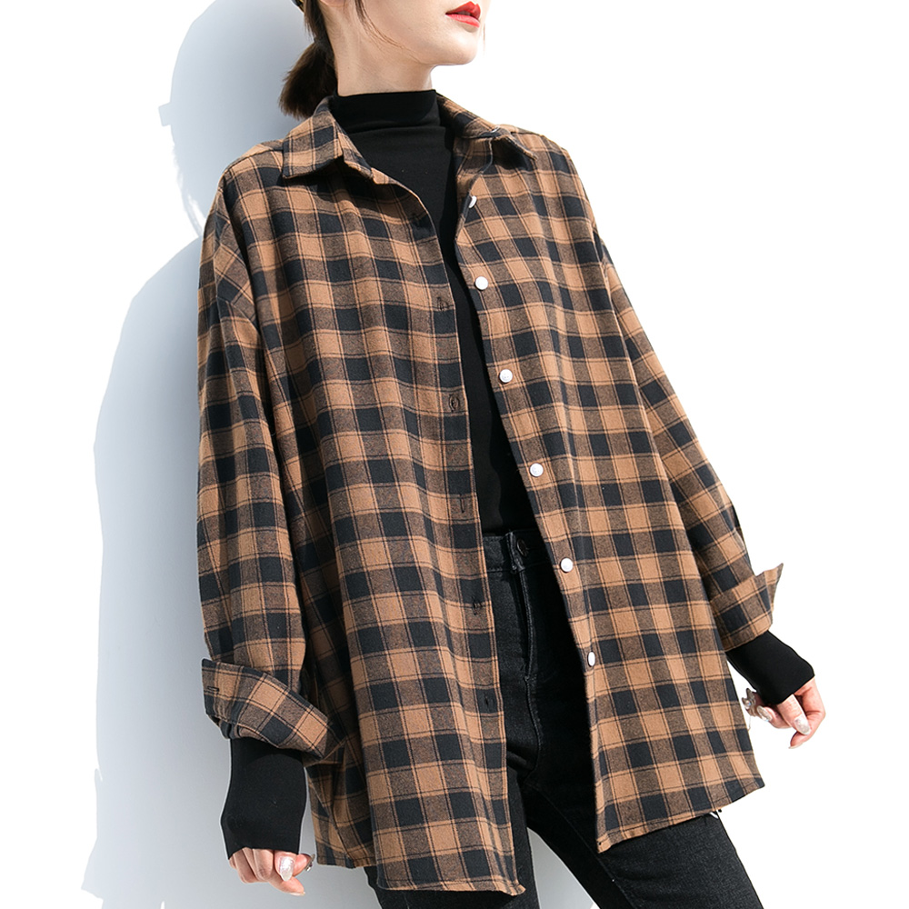 格子衬衫上衣女2019春秋装外套新款韩版宽松长袖复古磨毛港味衬衣